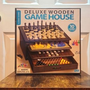 Deluxe Wooden Game House (10Games) chess checker pachisidice solitaire & more